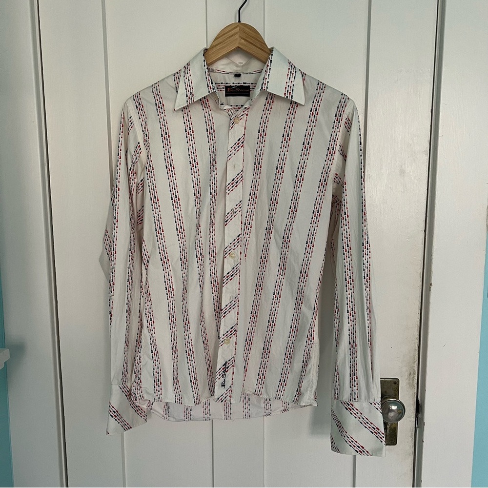 Ben Sherman Men’s Stripe Button-Up Shirt in White with Red Accent